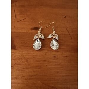 Gold Plated Leaf Crystal Teardrop Dangle Earrings Bridal Prom Statement